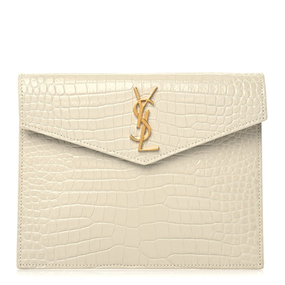 Saint Laurent Calfskin Crocodile Embossed Monogram Uptown Baby Pouch Perle 1 of 6