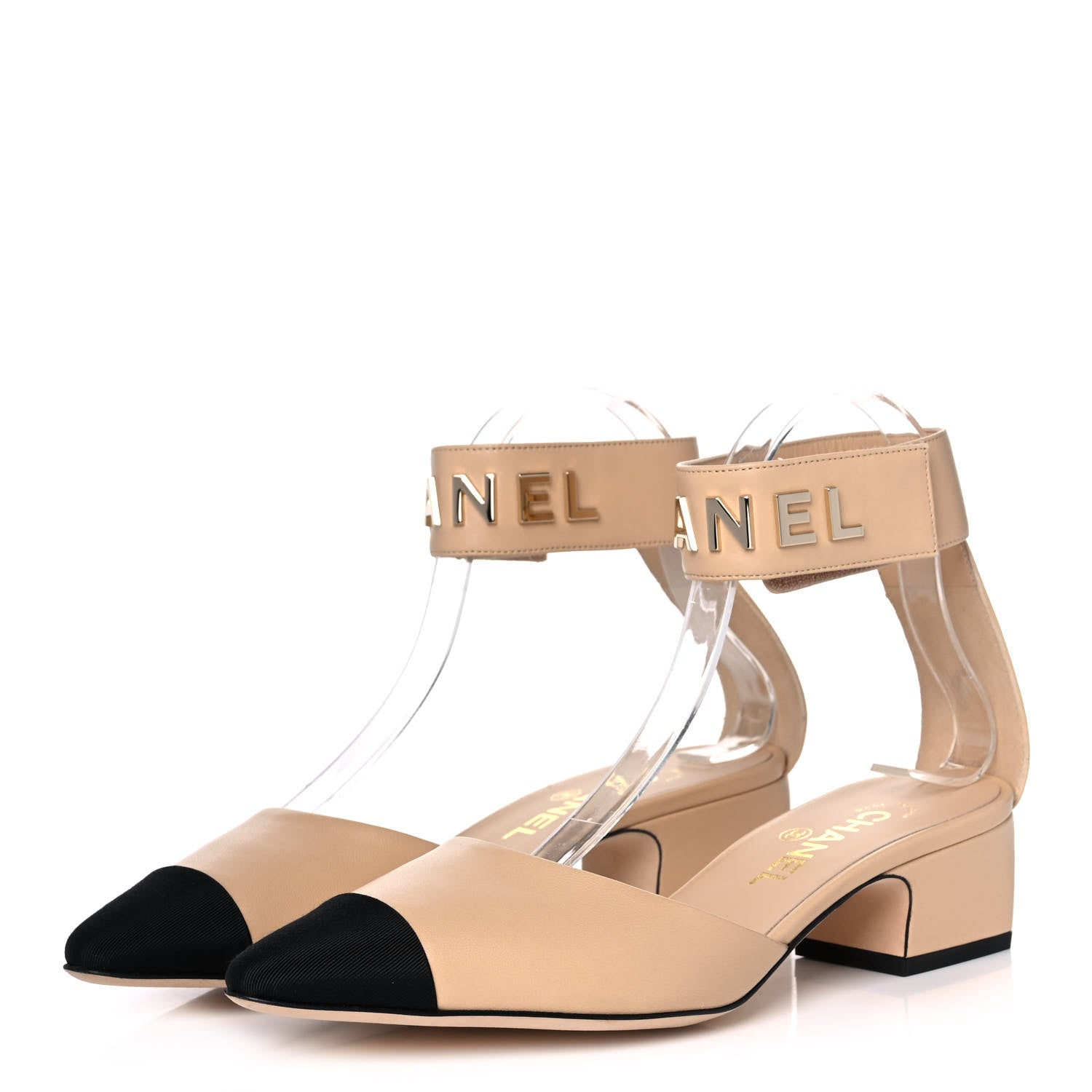 Chanel Lambskin Grosgrain Cap Toe Logo Ankle Strap Pumps 39 Beige Black 3 of 9