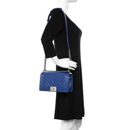 Chanel Caviar Chevron Quilted Medium Boy Flap Dark Blue 2 of 11