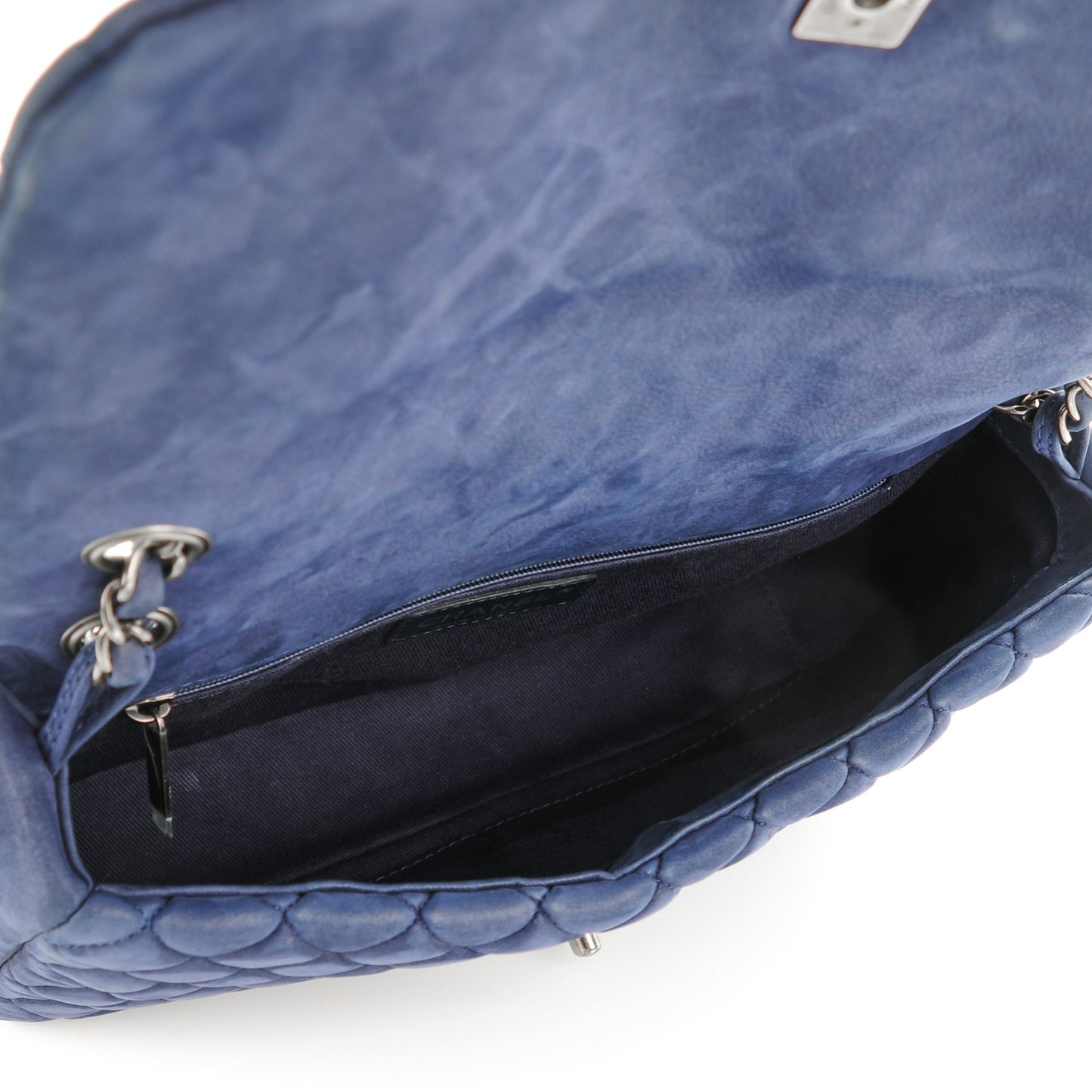 Iridescent Calfskin Quilted Large New Bubble Flap Dark Blue