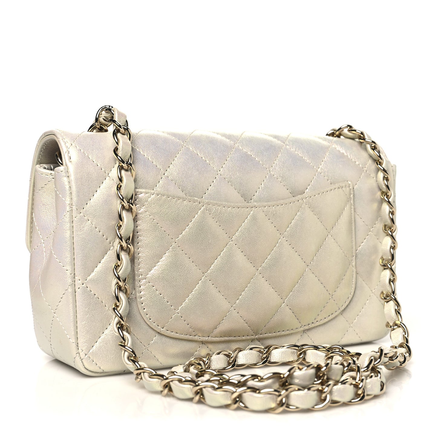 Iridescent Lambskin Quilted Mini Rectangular Flap Ivory