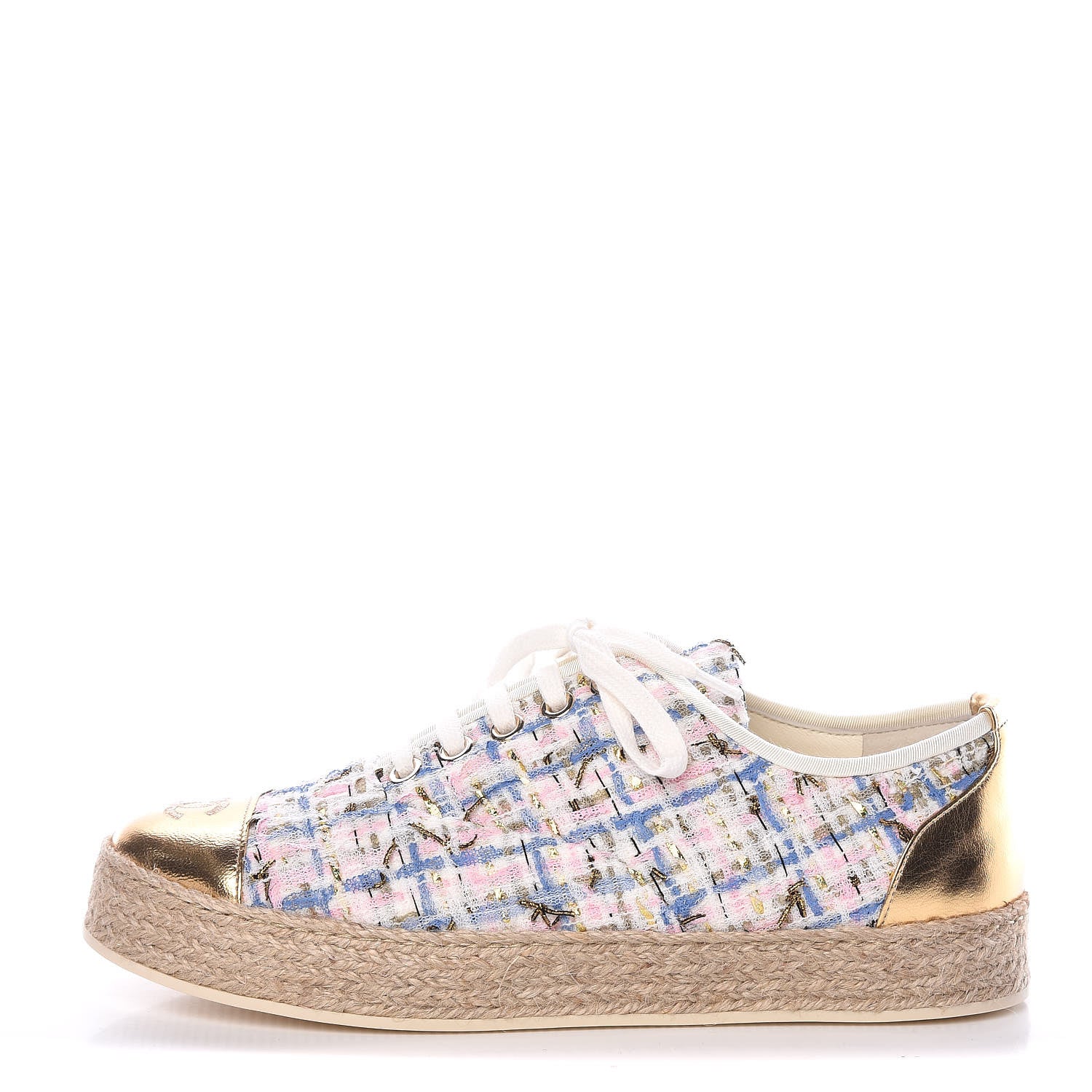 Chanel Tweed Laminated Lambskin Lace Up Espadrilles 37 Pink Blue Gold White 1 of 8