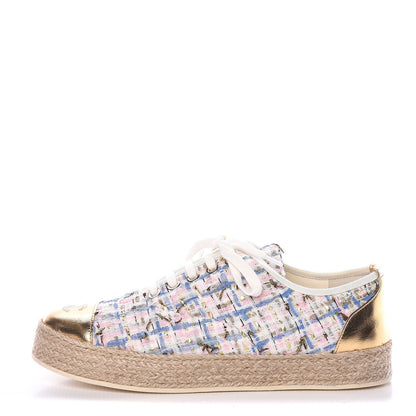 Chanel Tweed Laminated Lambskin Lace Up Espadrilles 37 Pink Blue Gold White 1 of 8