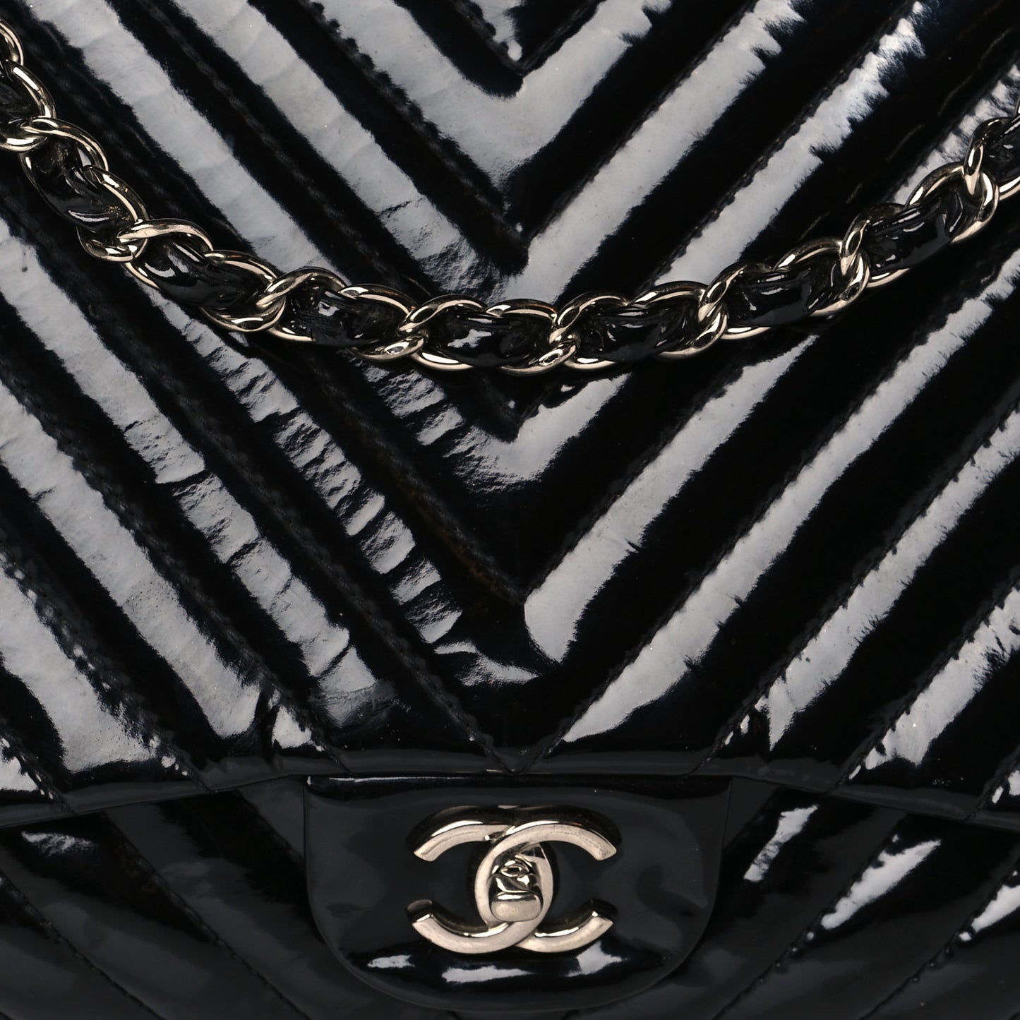 Patent Chevron Quilted Maxi Single Flap Black