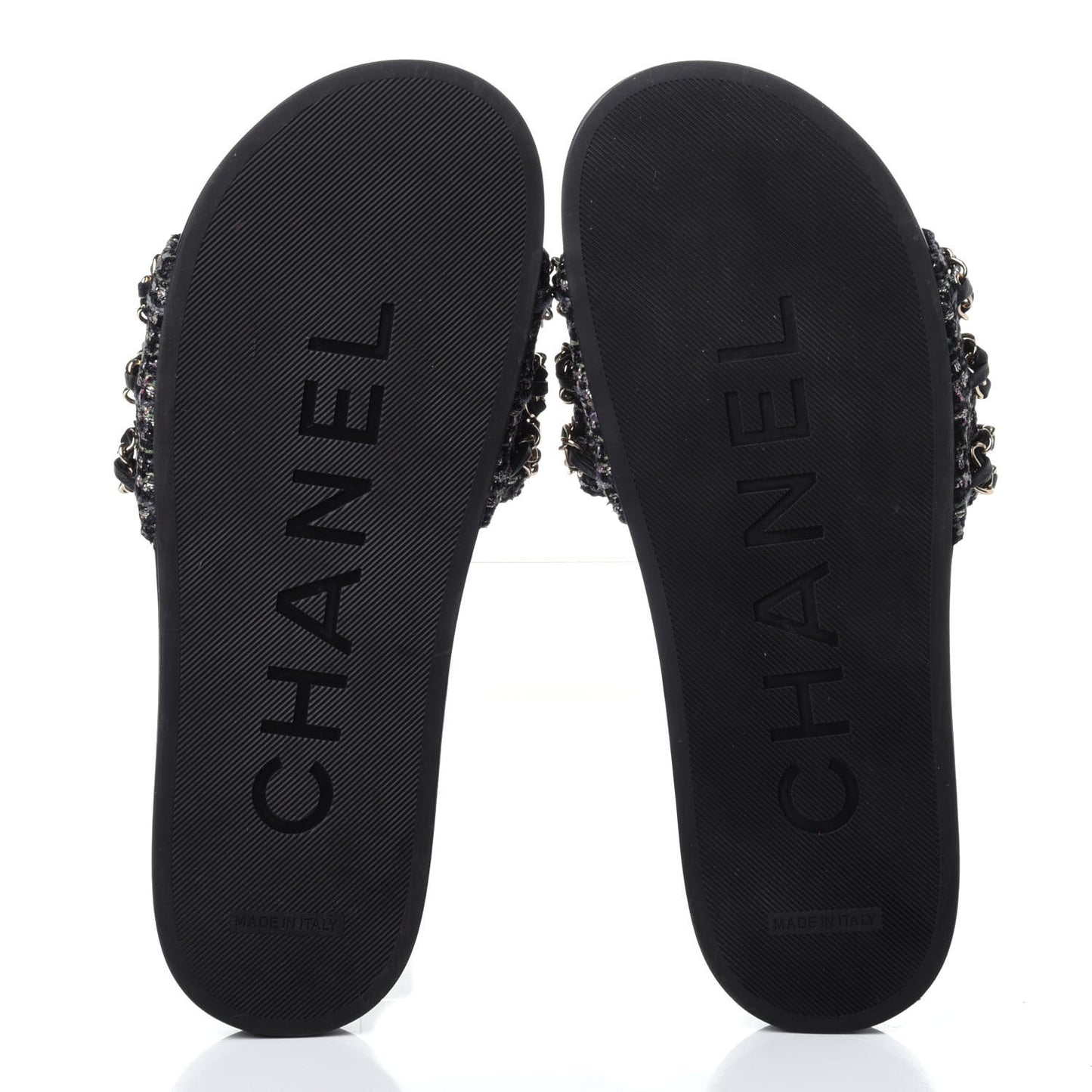 Tweed Lambskin Chain Flat Sandals 39 Black Multicolor