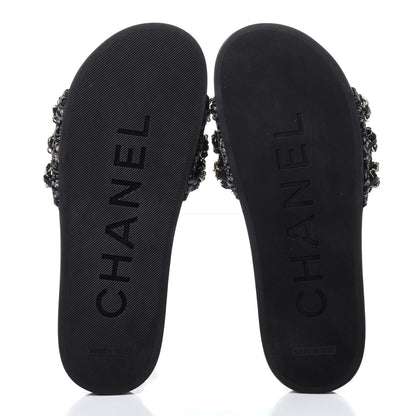 Chanel Tweed Lambskin Chain Flat Sandals 39 Black Multicolor 7 of 11