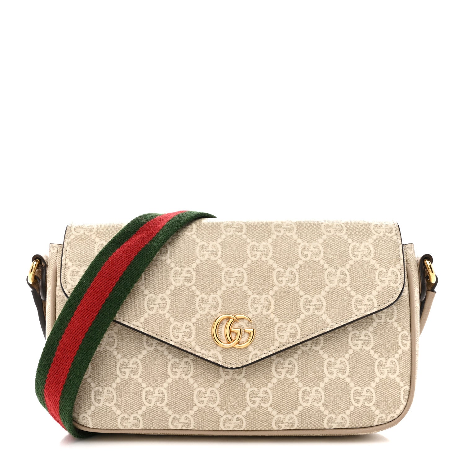 Gucci GG Supreme Monogram Textured Dollar Calfskin Web Mini Ophidia Envelope Shoulder Bag Beige Mystic White Oatmeal 1 of 11