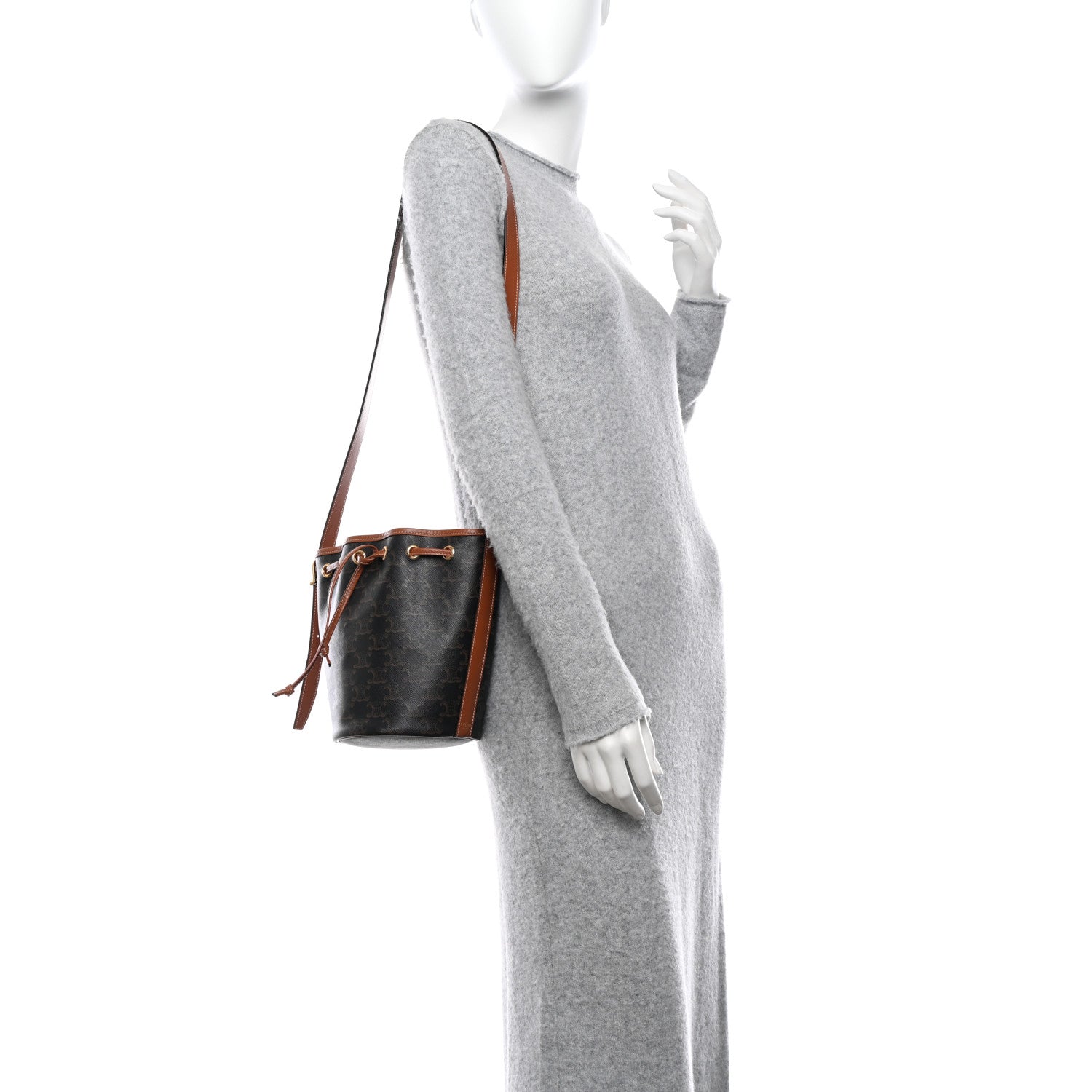 Celine Triomphe Canvas Calfskin Small Drawstring Bucket Bag Tan 2 of 10