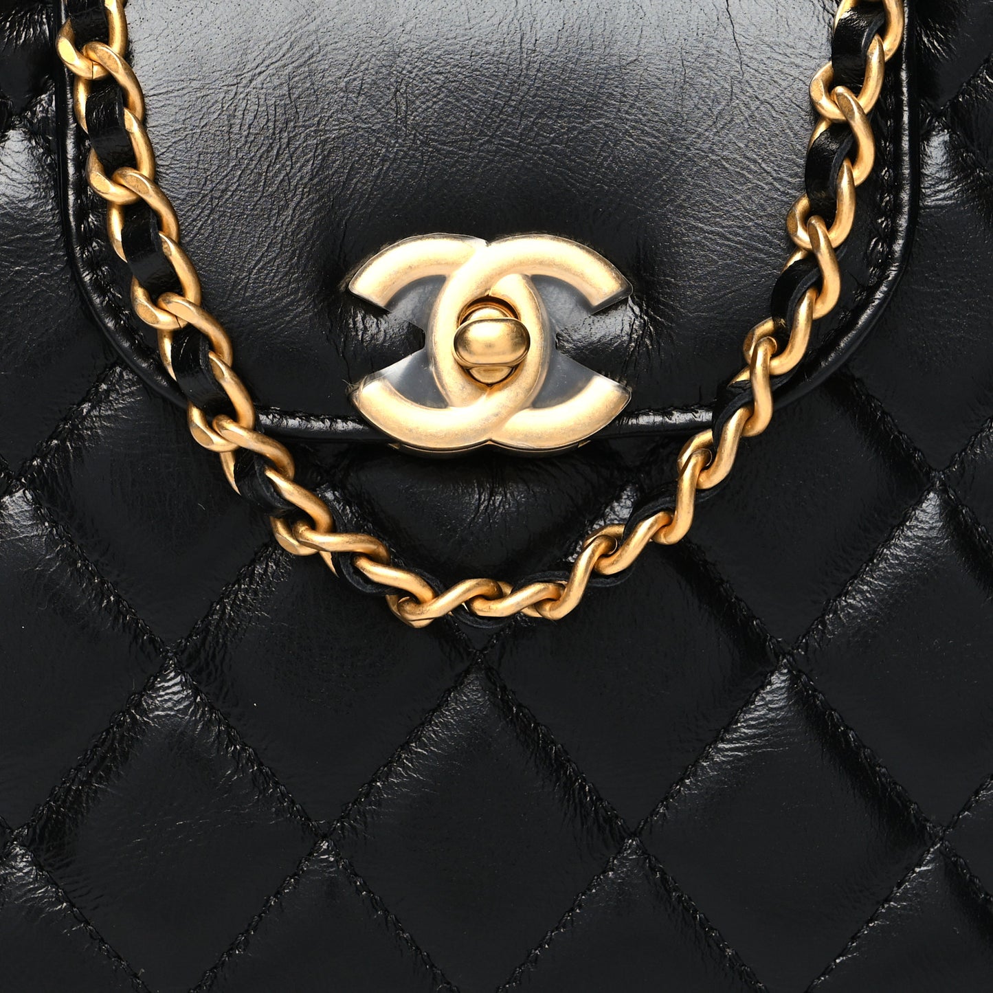 Shiny Aged Calfskin Quilted Nano Kelly Shopper Black
