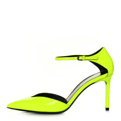 Saint Laurent Patent Anja 85 Ankle Strap Pointed Pumps 38.5 Fluo Yellow 1 of 8