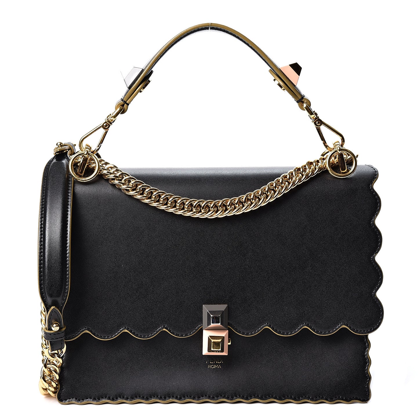 Vitello Liberty Scalloped Studded Kan I Shoulder Bag Black
