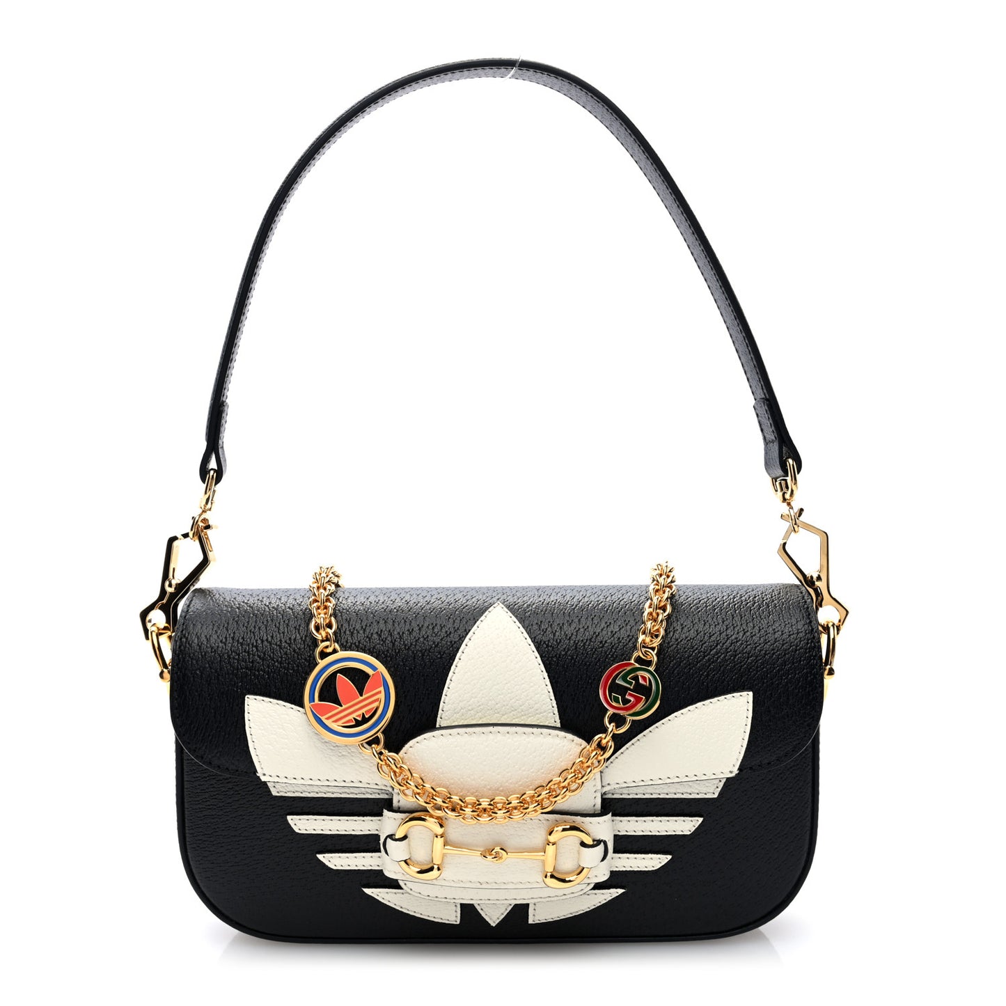 X ADIDAS Textured Dollar Calfskin Web Small Trefoil Horsebit 1955 Shoulder Bag Black Off White