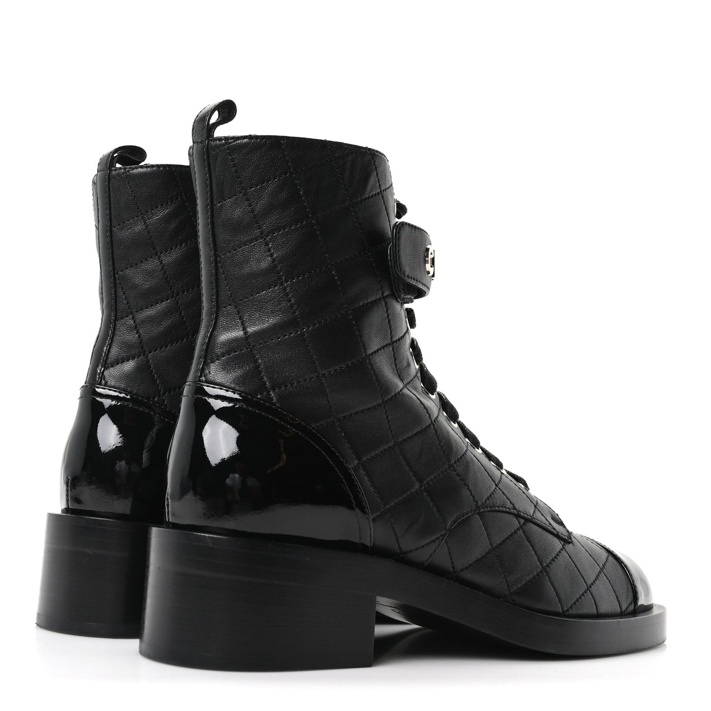 Lambskin Patent Calfskin Quilted Logo Lace Up Combat Boots 39.5 Black