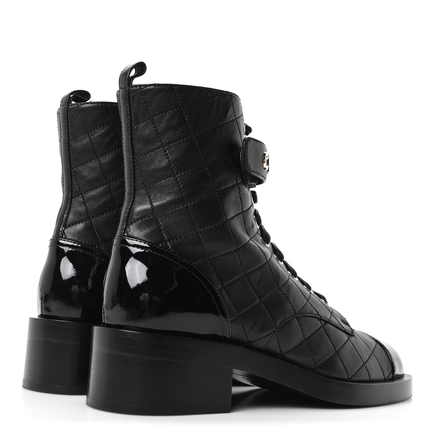 Chanel Lambskin Patent Calfskin Quilted Logo Lace Up Combat Boots 39.5 Black 5 of 10