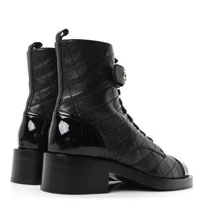 Chanel Lambskin Patent Calfskin Quilted Logo Lace Up Combat Boots 39.5 Black 5 of 10