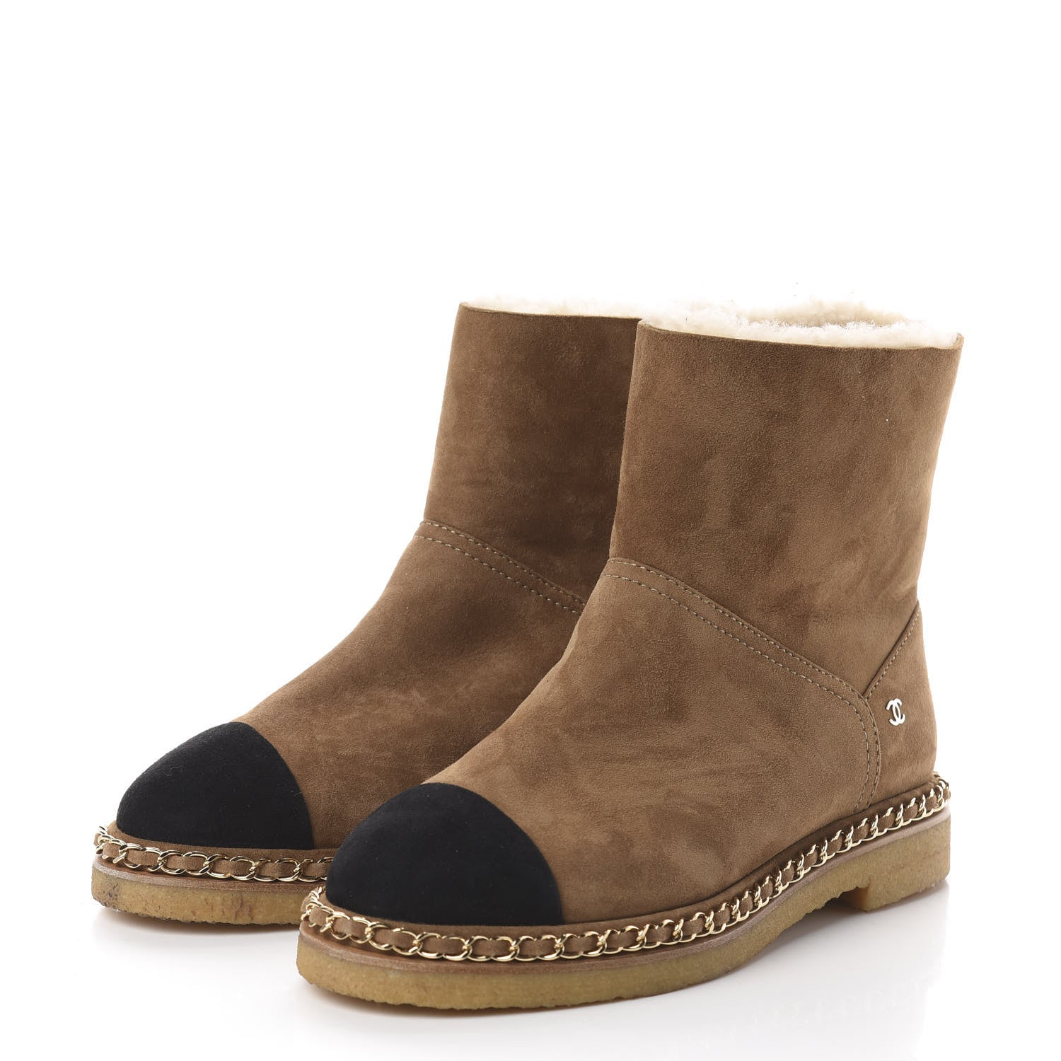 Chanel Kid Suede Shearling Womens Cap Toe Chain Short Boots 37.5 Light Brown Black 3 of 6