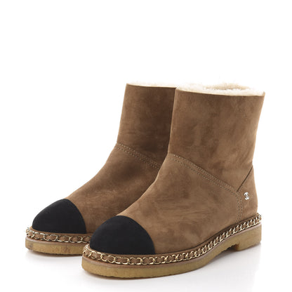 Chanel Kid Suede Shearling Womens Cap Toe Chain Short Boots 37.5 Light Brown Black 3 of 6