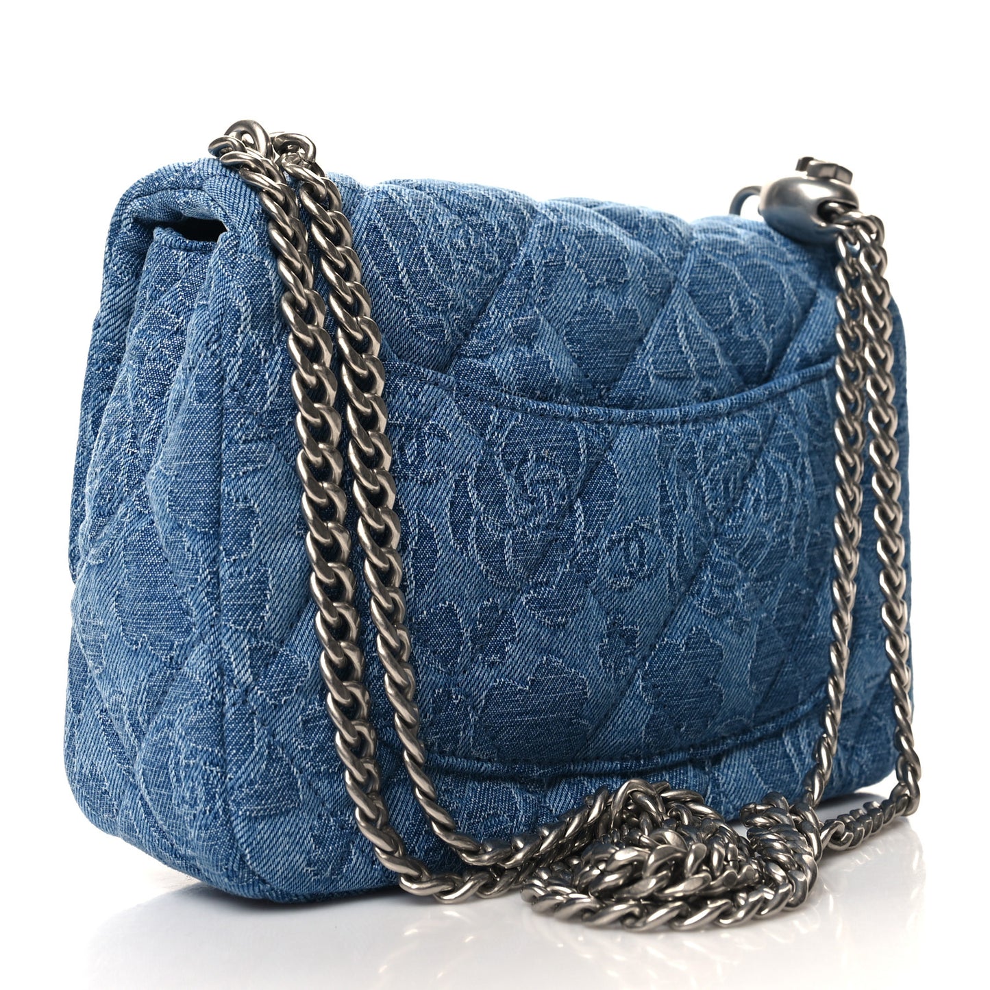 Denim Quilted Camellia Sweetheart Mini Flap Blue