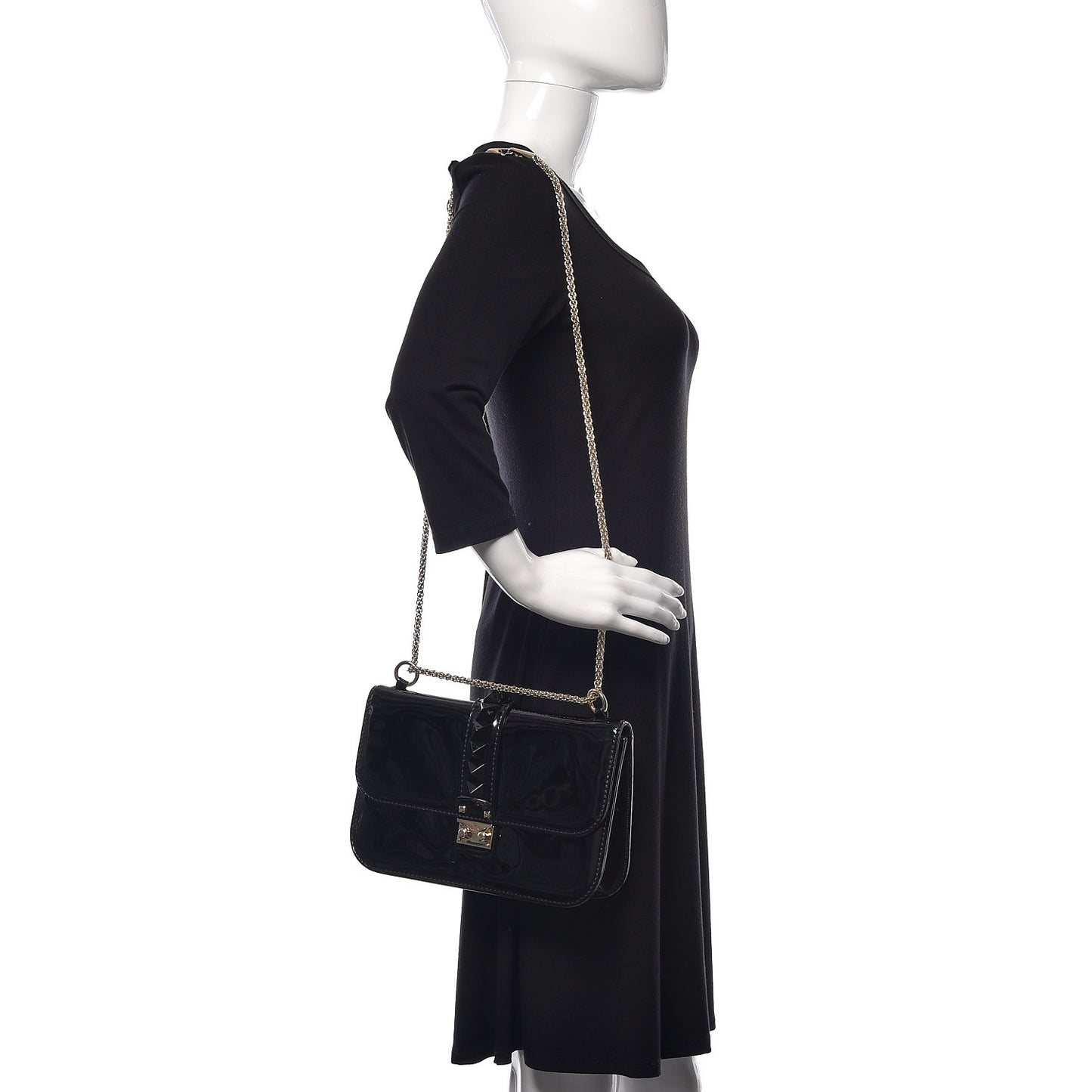 Patent Monochrome Medium Glam Lock Rockstud Flap Black