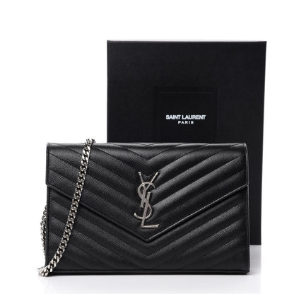 Saint Laurent Grain De Poudre Matelasse Chevron Monogram Chain Wallet Black 12 of 12