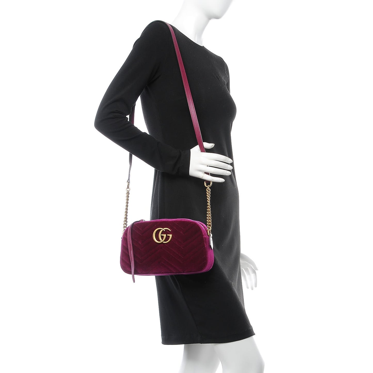 Velvet Matelasse Small GG Marmont Chain Shoulder Bag Fuchsia Violet Cyclamen