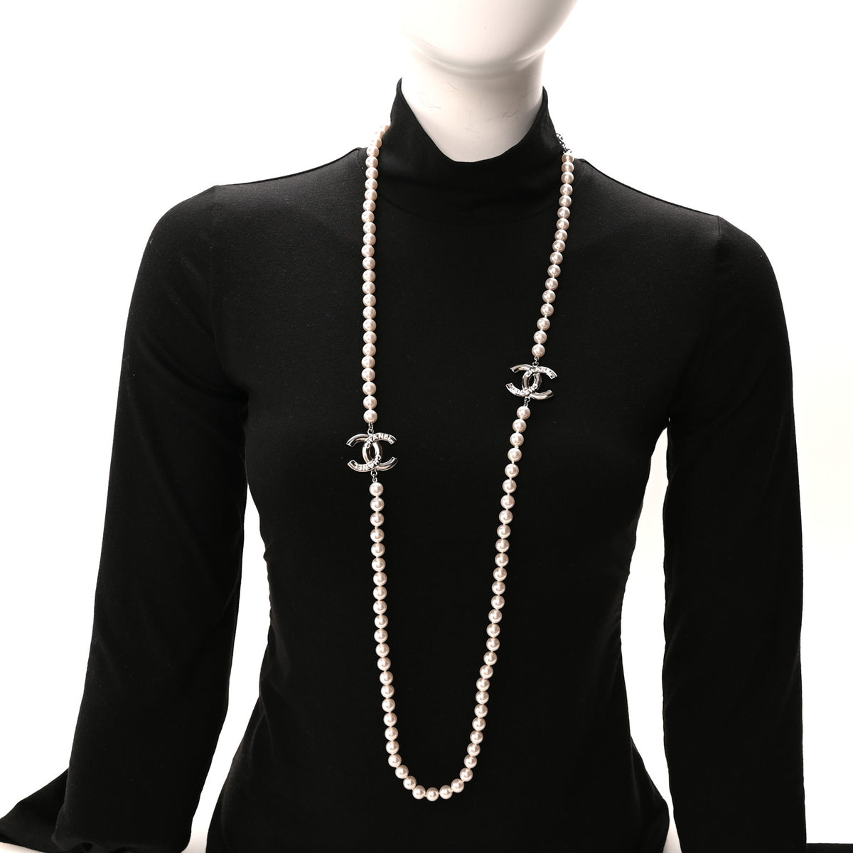 Chanel Pearl Resin CC Long Necklace Pearly White Silver 2 of 5