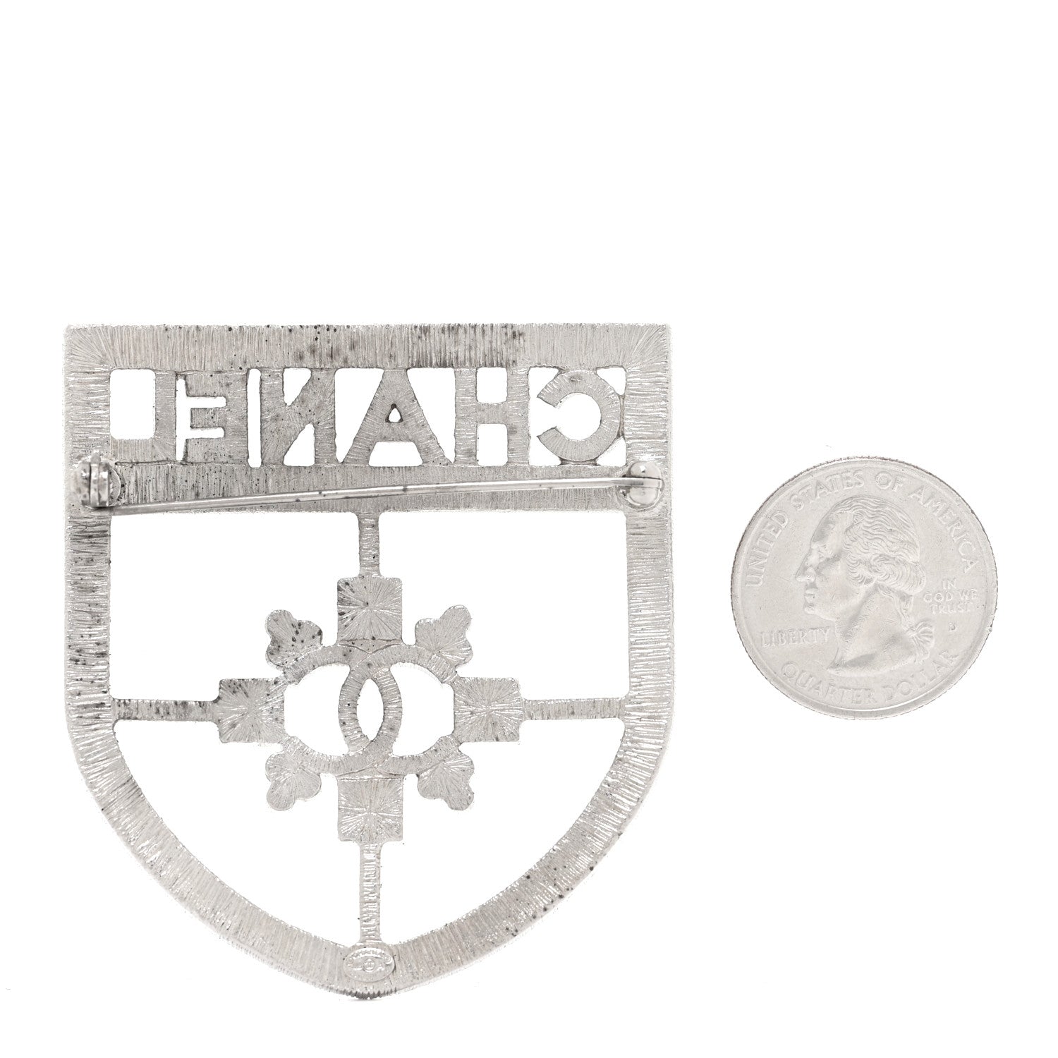 Chanel Swarovski Baguette Crystal CC Shield Brooch Silver 3 of 6