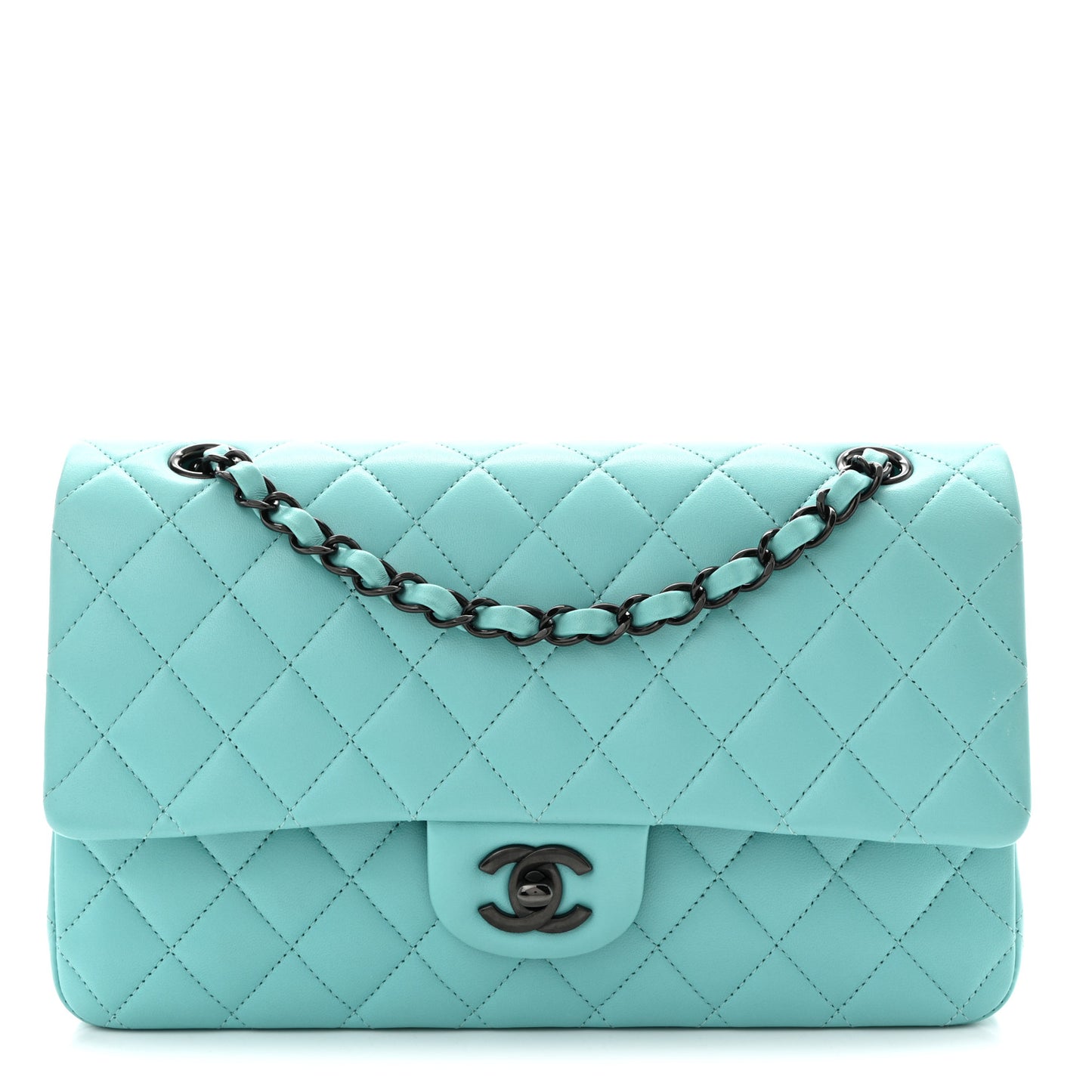 Lambskin Quilted Medium Double Flap Light Blue