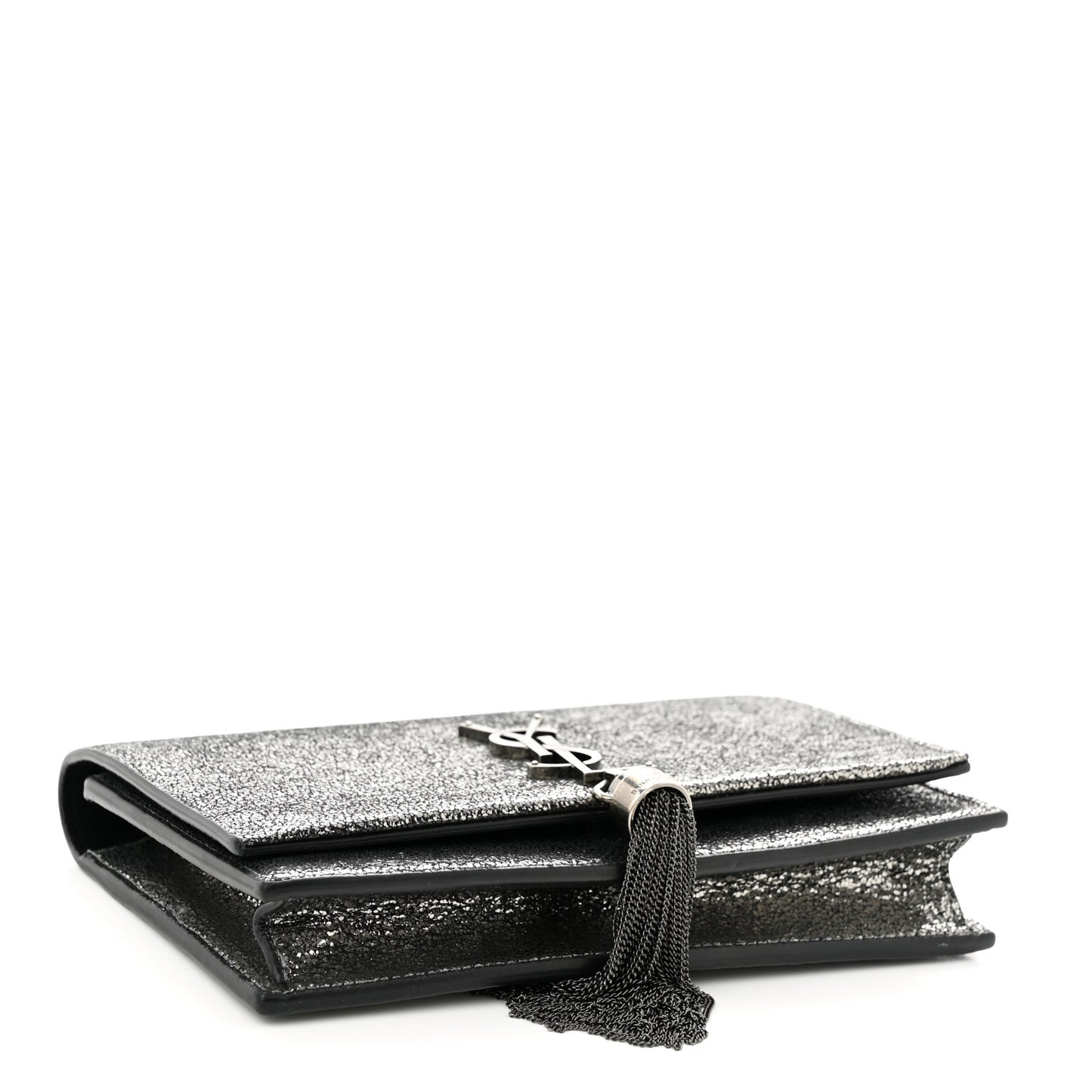 Metallic Calfskin Classic Monogram Kate Tassel Chain Wallet Gun Metal