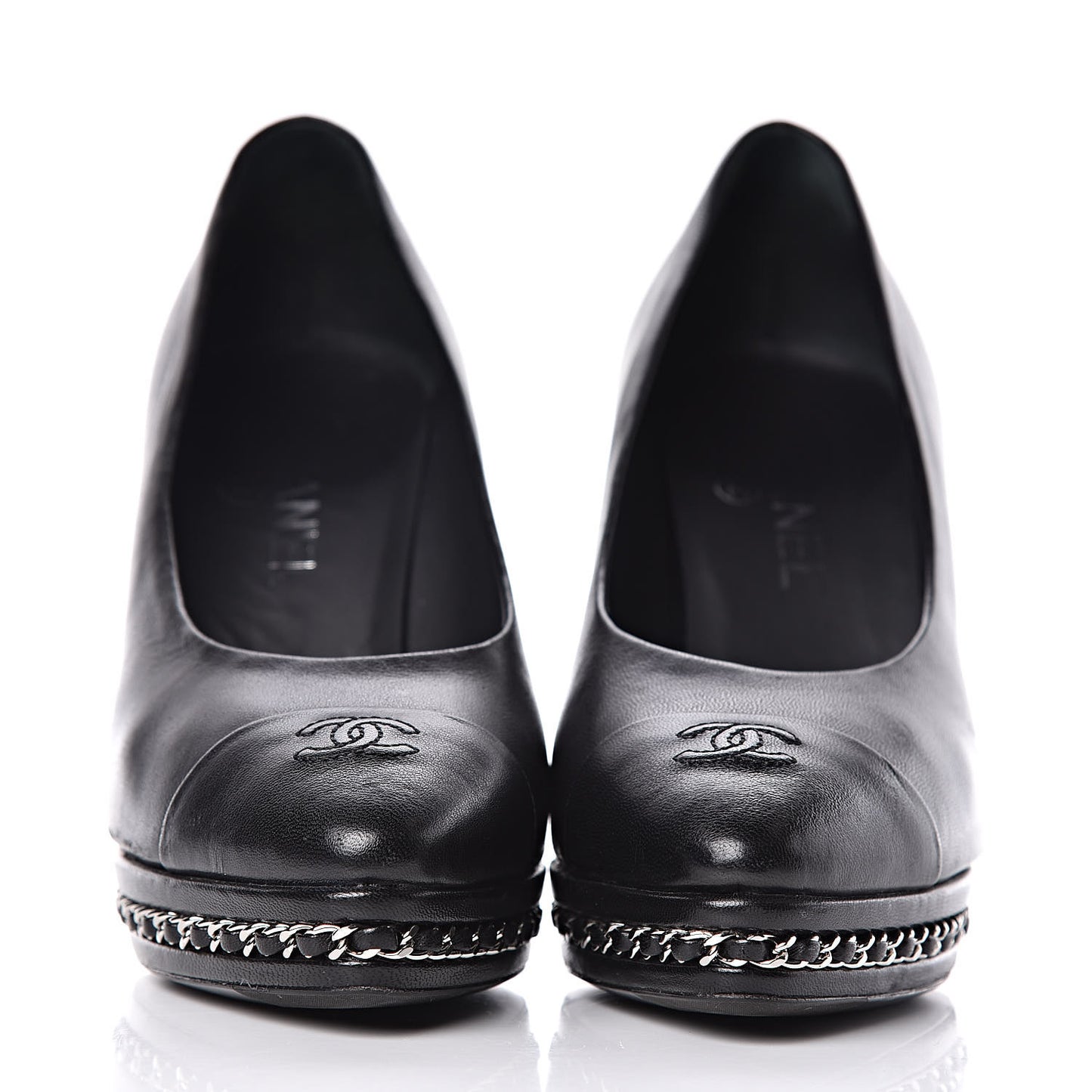 Lambskin CC Cap Toe Platform Chain Pumps 39 Black