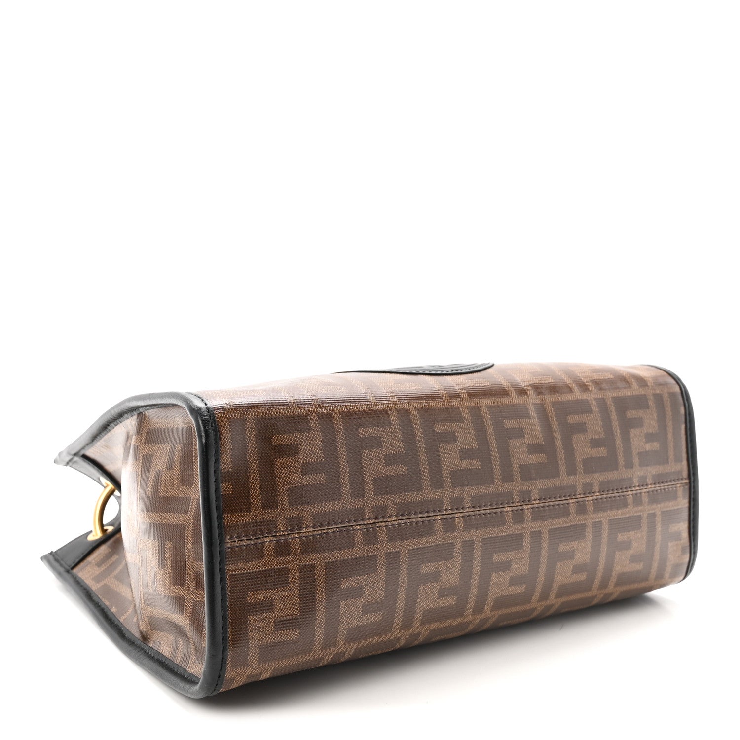 Fendi Glazed Fabric Vitello Century Plexiglass FF 1974 Stamp Patch Small Runaway Shopper Tote Mogano Panna Black 4 of 10