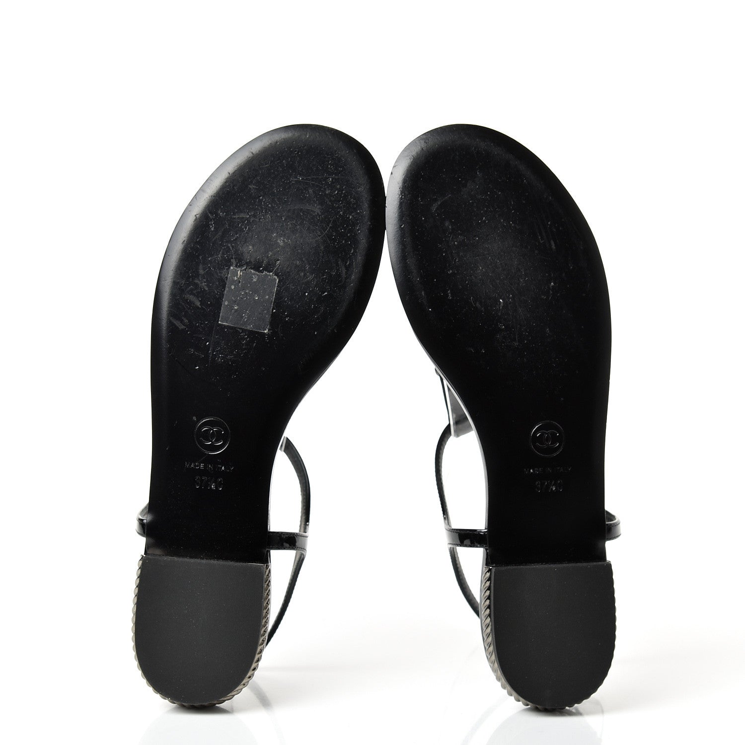 Chanel Patent Beaded CC Thong Sandals 37.5 Black 6 of 10
