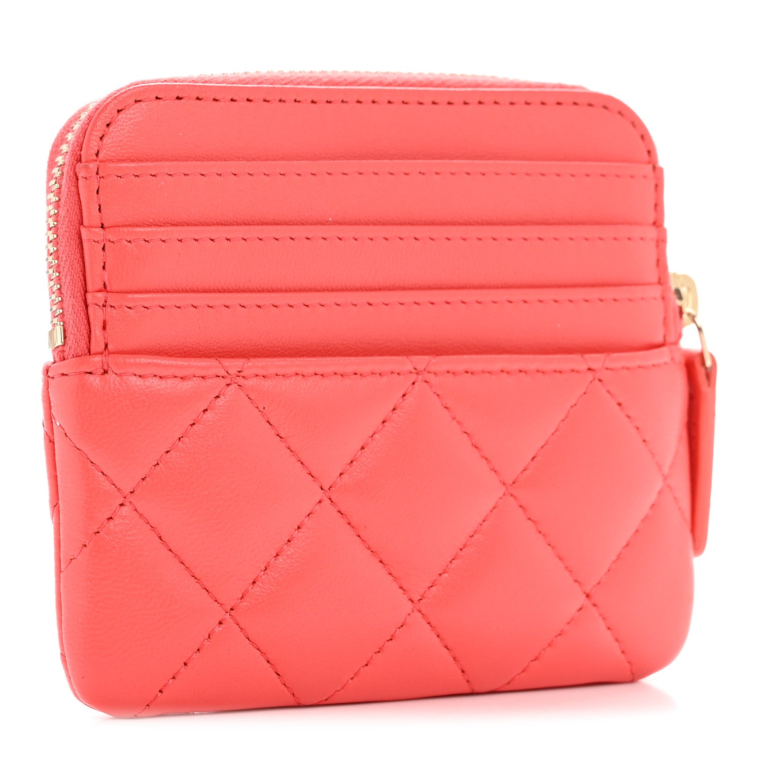 Chanel Lambskin Quilted Zip Card Holder Wallet Coral 3 of 9