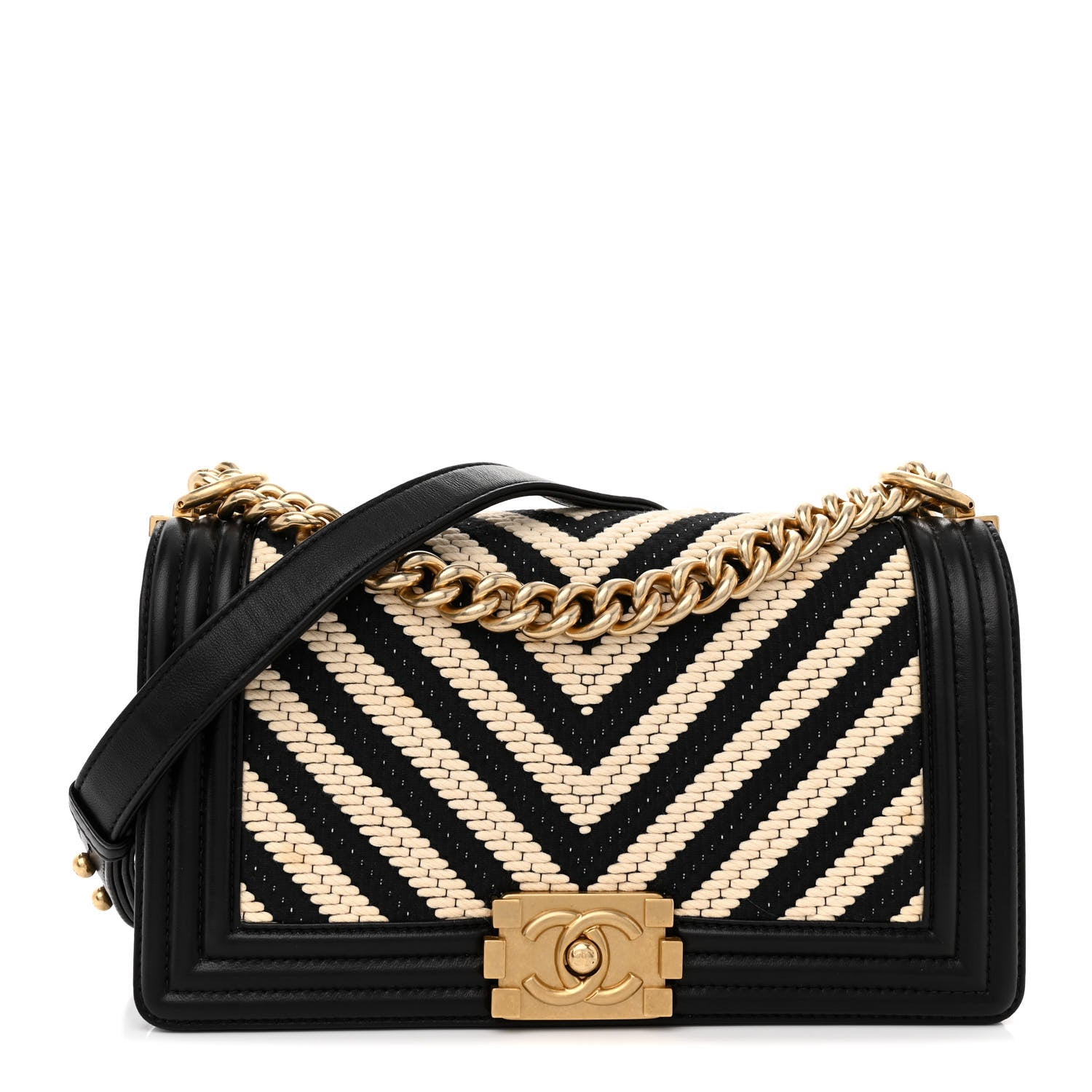 Chanel Fabric Chevron Braided Medium Boy Flap Black White 1 of 13