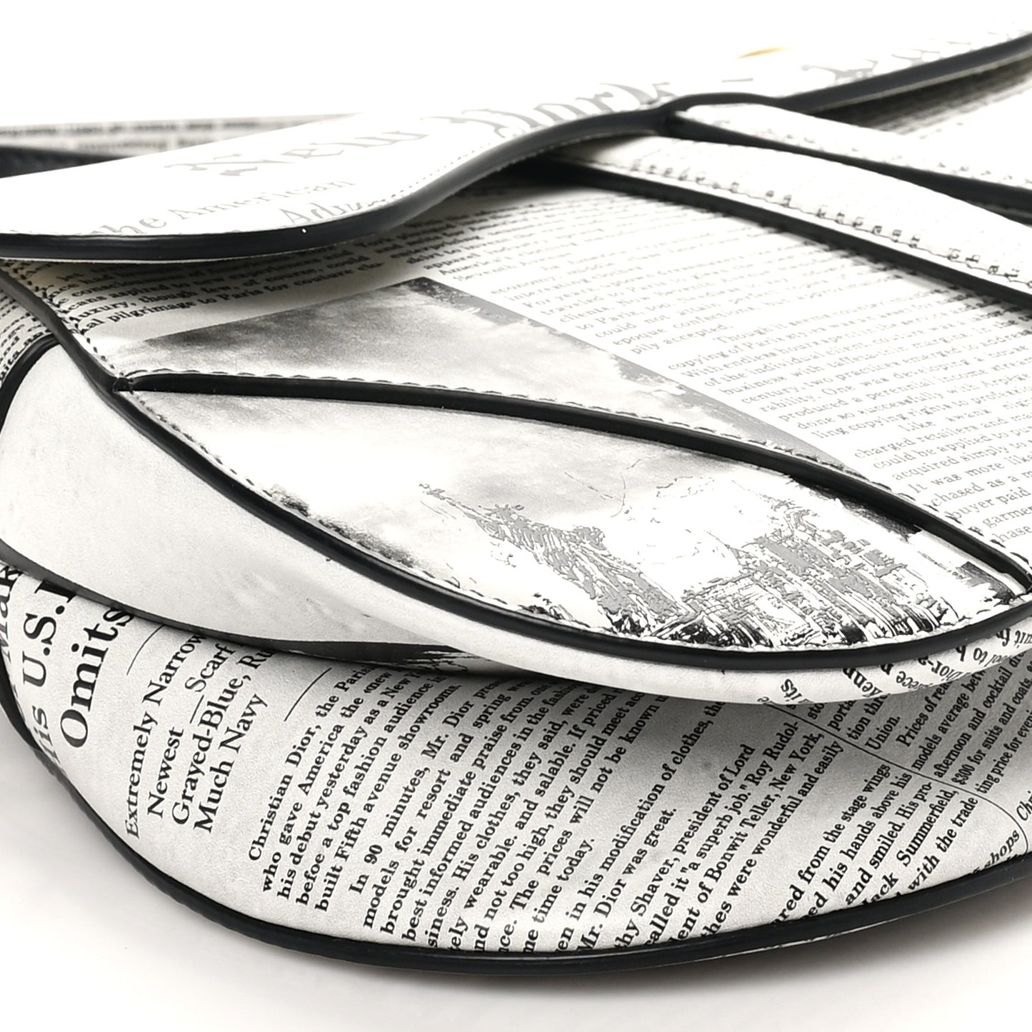 Calfskin Newspaper Printed Saddle Bag With Strap Black White
