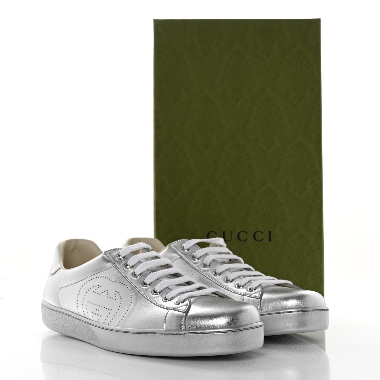 Metallic Nappa Interlocking G Perforated Mens Ace Sneakers 9 Silver