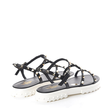 Valentino Garavani Calfskin Bedrock Rockstud Ankle Flat Sandals 39 Black 4 of 7