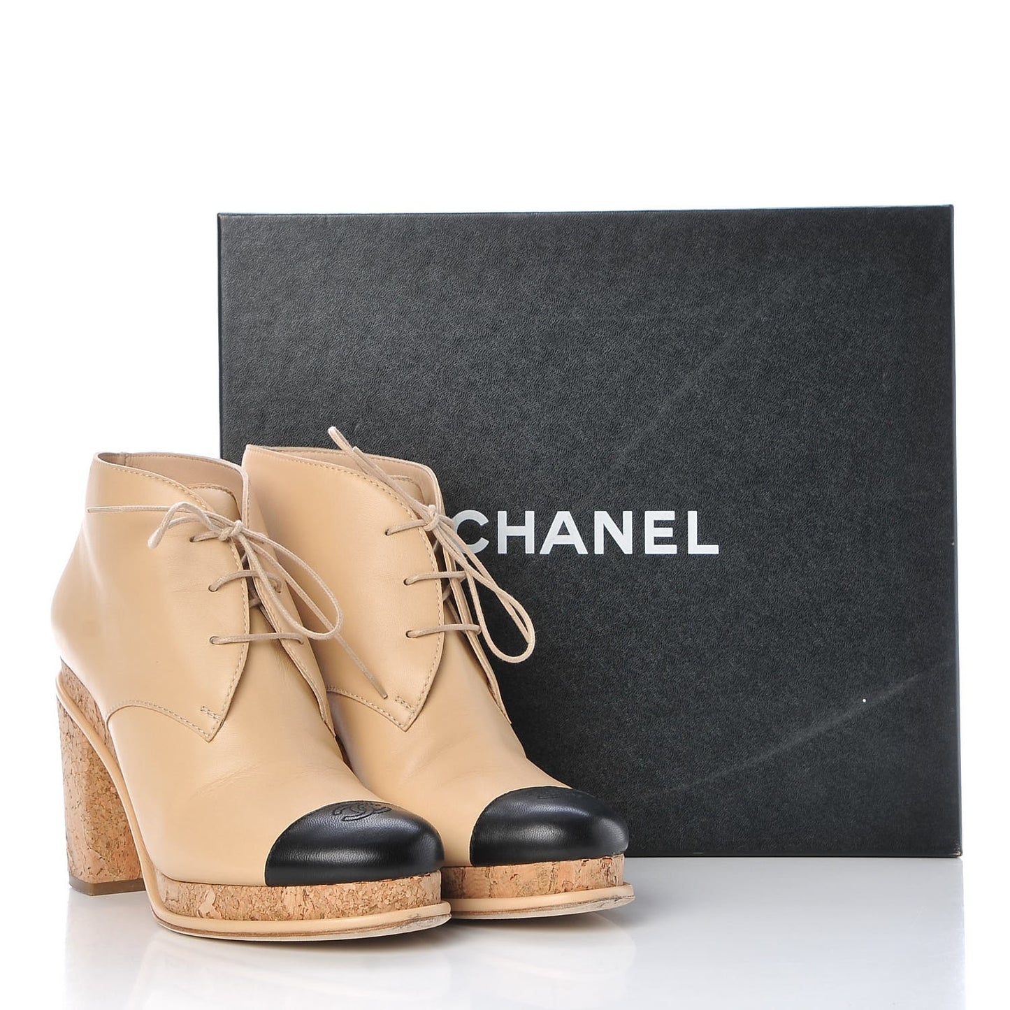 Lambskin Cork Cap Toe CC Lacets Booties 40 Beige Black