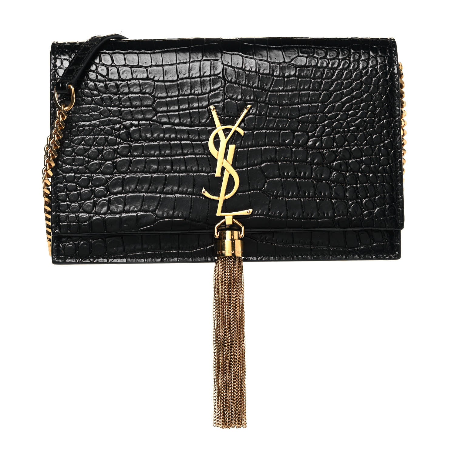 Saint Laurent Calfskin Crocodile Embossed Kate Monogram Tassel Chain Wallet Black 1 of 12