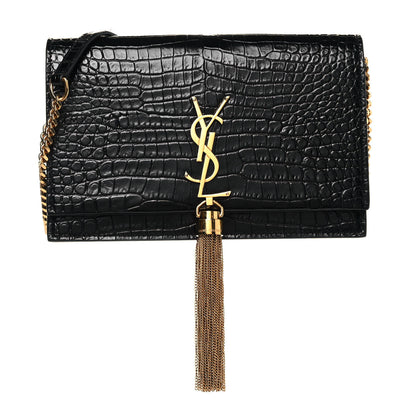 Saint Laurent Calfskin Crocodile Embossed Kate Monogram Tassel Chain Wallet Black 1 of 12