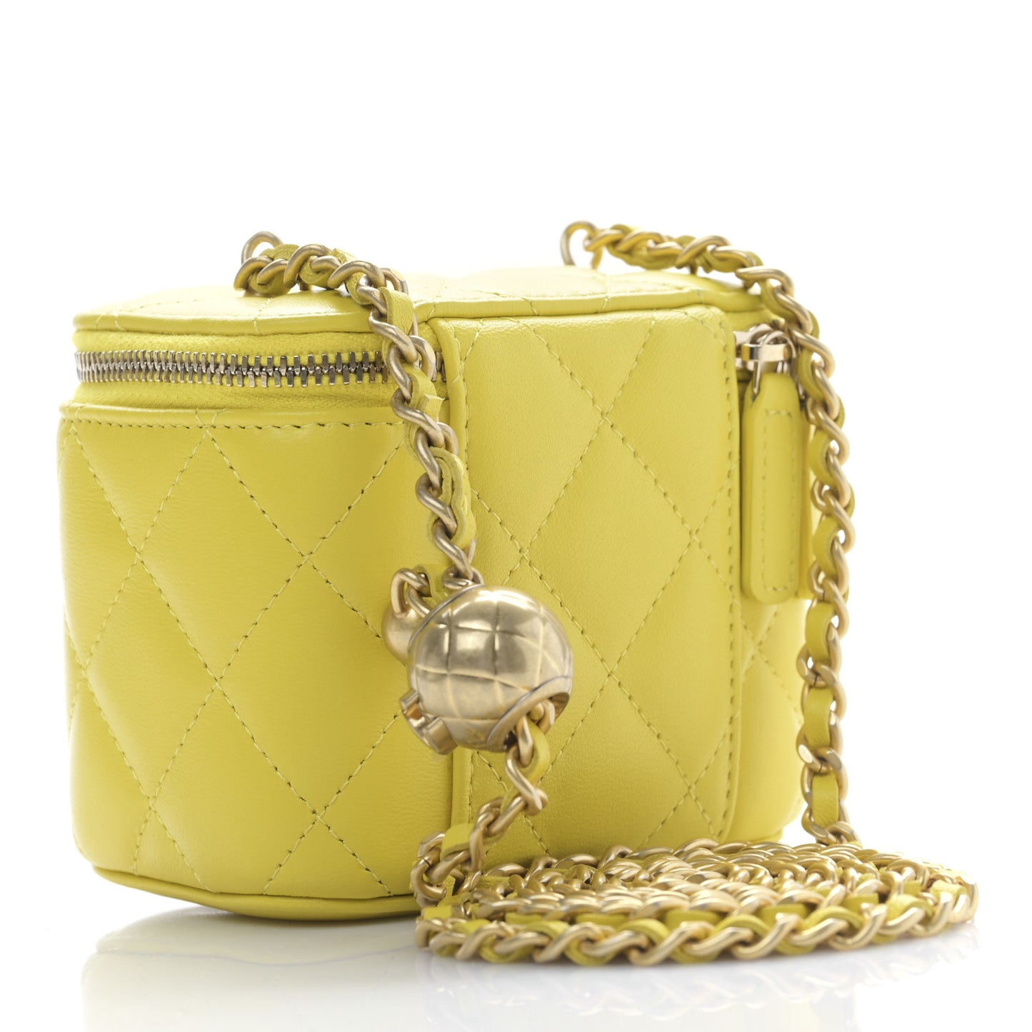 Lambskin Quilted Mini Pearl Crush Vanity Case With Chain Yellow