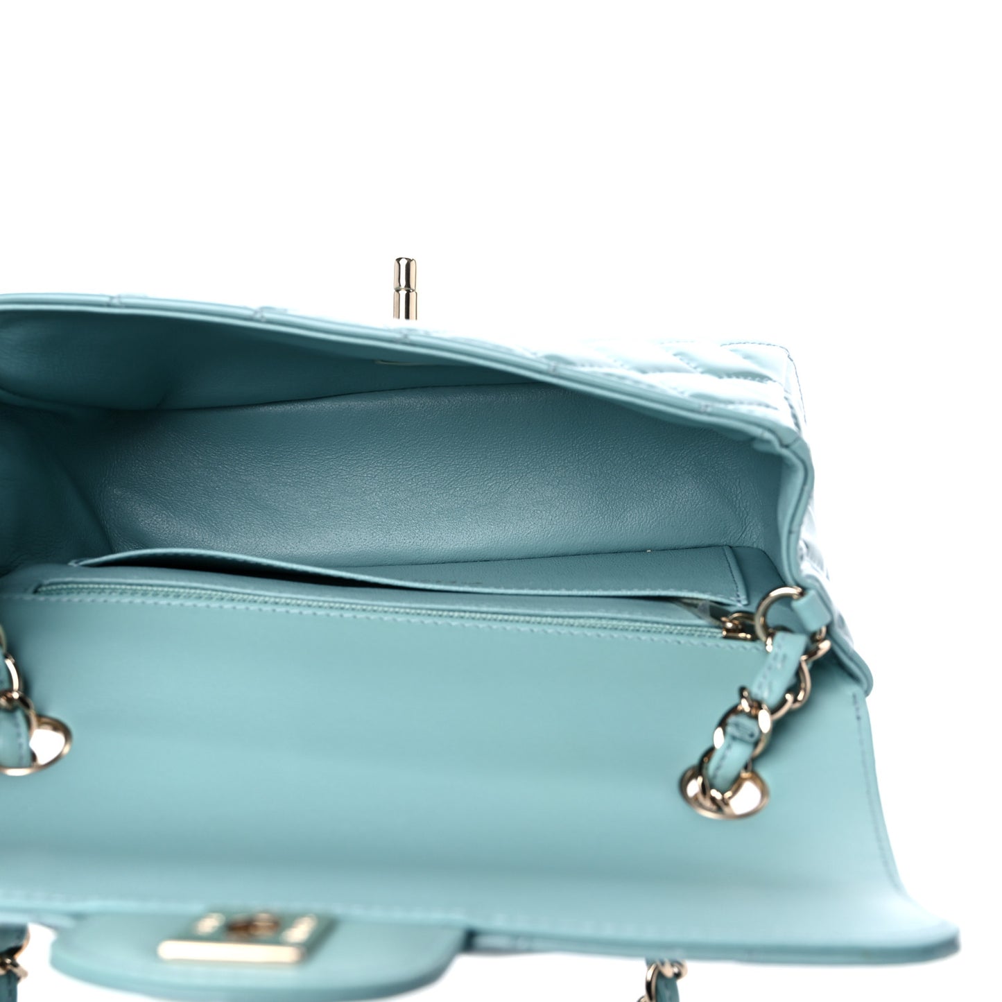 Patent Calfskin Quilted Mini Rectangular Flap Light Blue