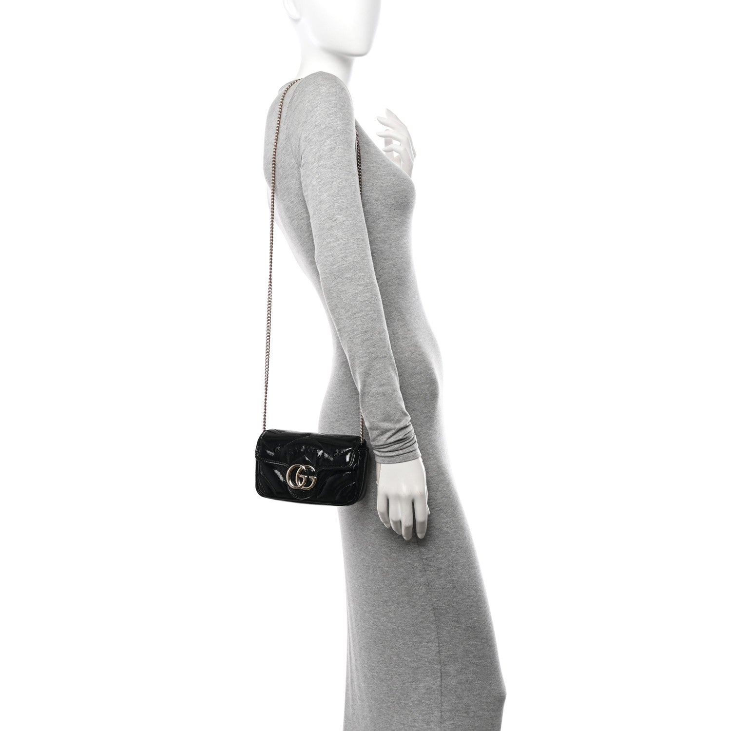 Gucci Patent Lambskin Matelasse Super Mini GG Marmont Shoulder Bag Black 2 of 11