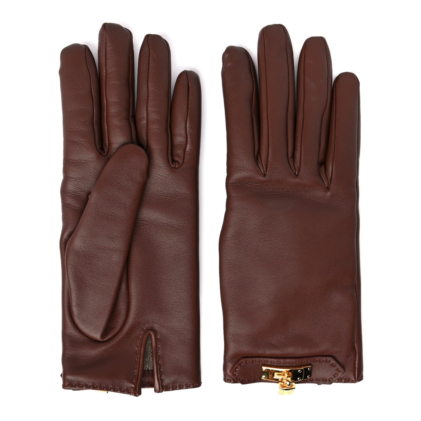 Lambskin Soya Kelly Lock Gloves 7.5 Brown