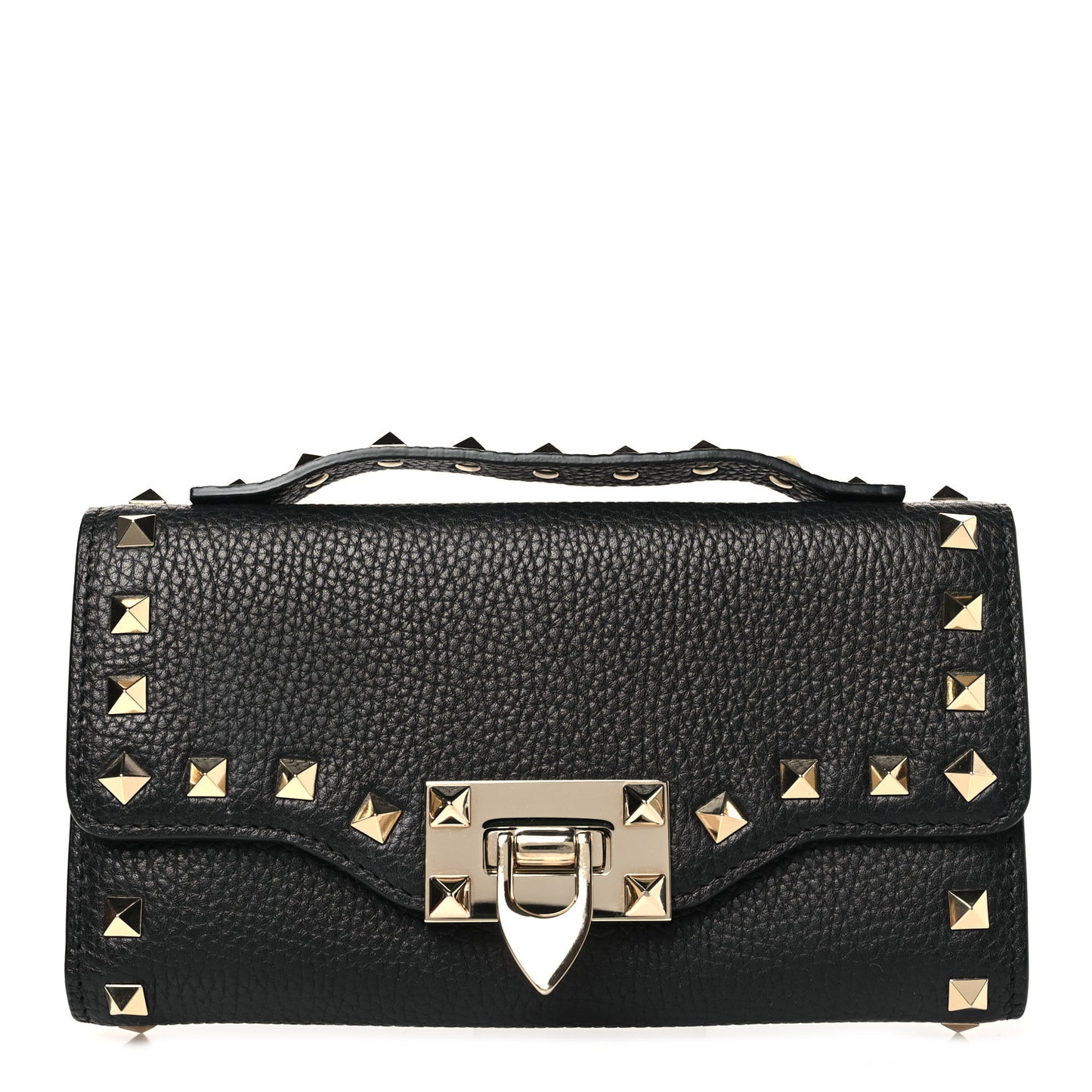 Pebbled Calfskin Rockstud Flip Lock Wallet On Chain Black