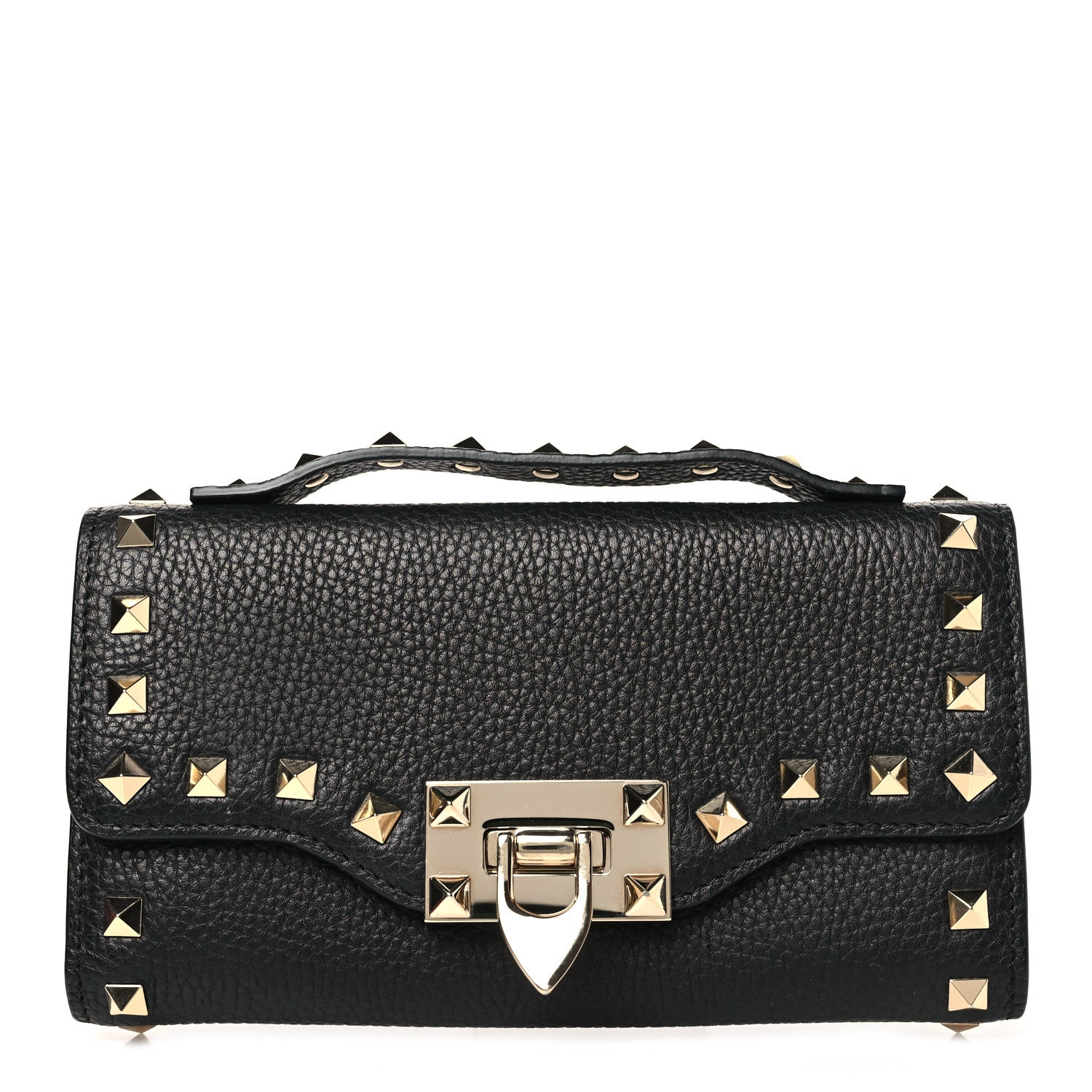 Valentino Garavani Pebbled Calfskin Rockstud Flip Lock Wallet On Chain Black 1 of 8