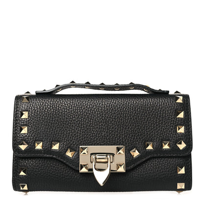 Valentino Garavani Pebbled Calfskin Rockstud Flip Lock Wallet On Chain Black 1 of 8