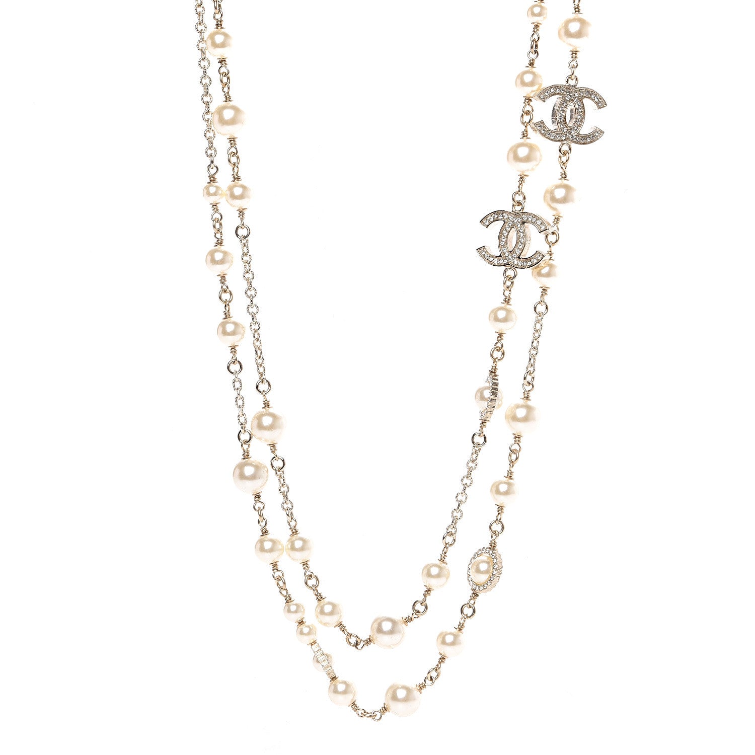 Chanel Pearl Crystal CC Lace Camellia Long Necklace Gold 1 of 3