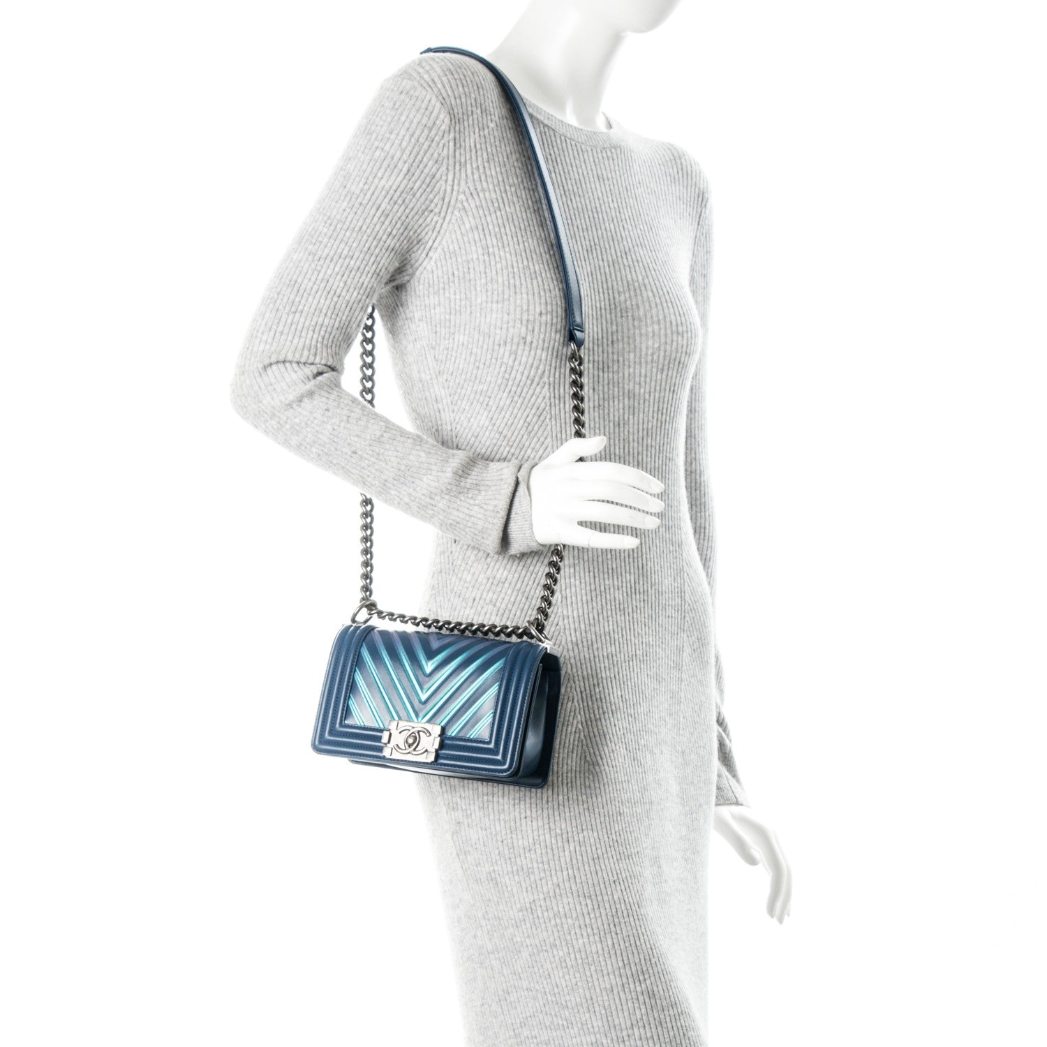 Chanel Calfskin Painted Chevron Embossed Small Boy Flap Dark Blue 2 of 7