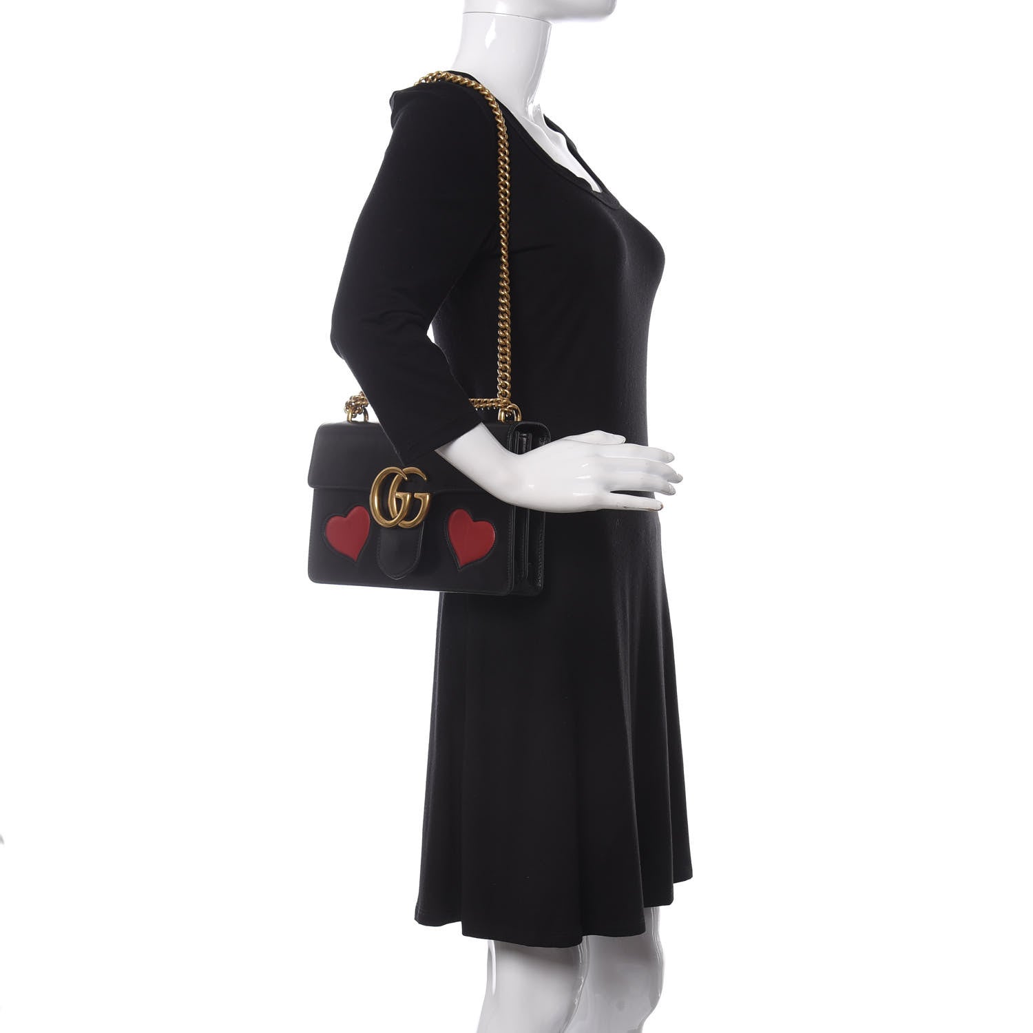 Gucci Knight Calfskin Malaga Kid Heart Medium GG Marmont Chain Handle Bag Black Hibiscus Red Multicolor 3 of 11